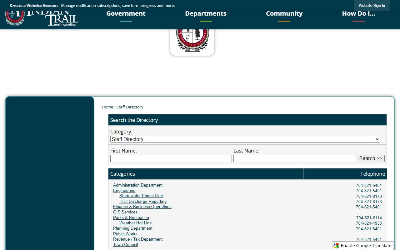Union County phone directory image of the Indian Trail staff directory