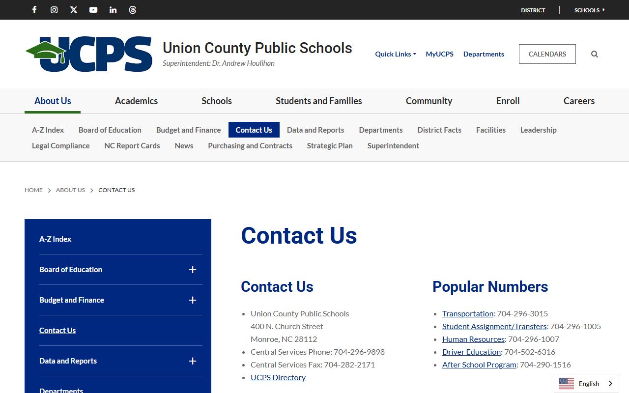 Union County phone directory image of UCPS school contact listings