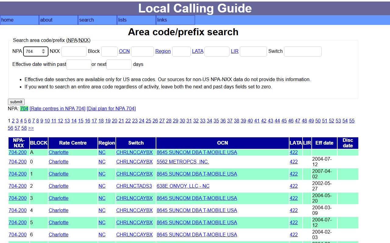 Local Calling Guide NPA NXX search for 704 exchange code checks