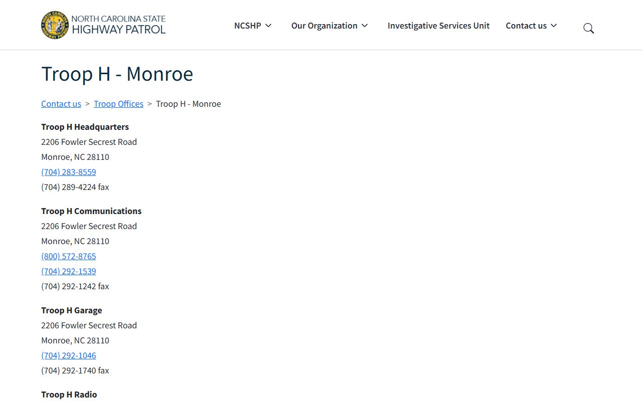 Union County phone numbers State Highway Patrol Troop H Monroe