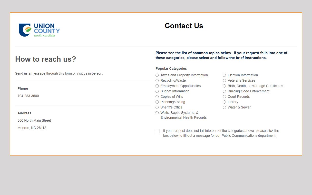 Union County phone numbers contact form